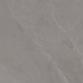 Matte porcelain tile with soft slate texture, rippled furrows, and weathered gray tones, evoking serene stone forest mystique.