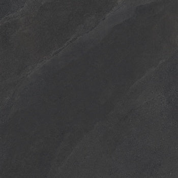 Black porcelain tile with a soft matte slate texture, evoking weathered stone with subtle ripples and organic furrows for serene, grounded elegance.
