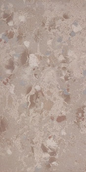 Matte terrazzo-effect porcelain tile with raw, unpredictable chips in refined beige, exuding industrial elegance and timeless texture.