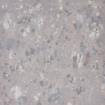 Large-format matte terrazzo porcelain tile with raw gray chips and textured surface, exuding industrial elegance and timeless sophistication.