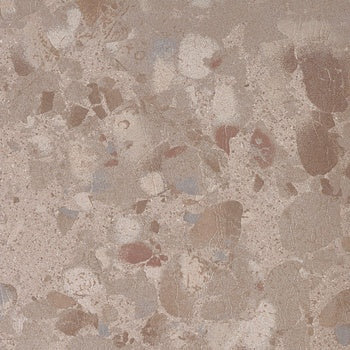Matte terrazzo-effect porcelain tile with raw, unpredictable chips in refined beige, exuding industrial elegance and tactile depth.