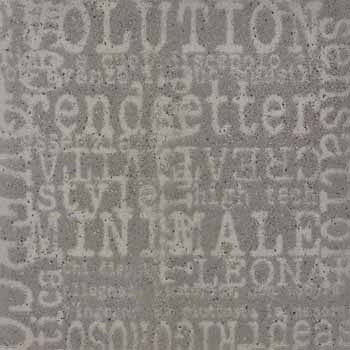 A square porcelain tile in soft gray with a matte finish, featuring subtle typographic deco for an urban, minimalist elegance.