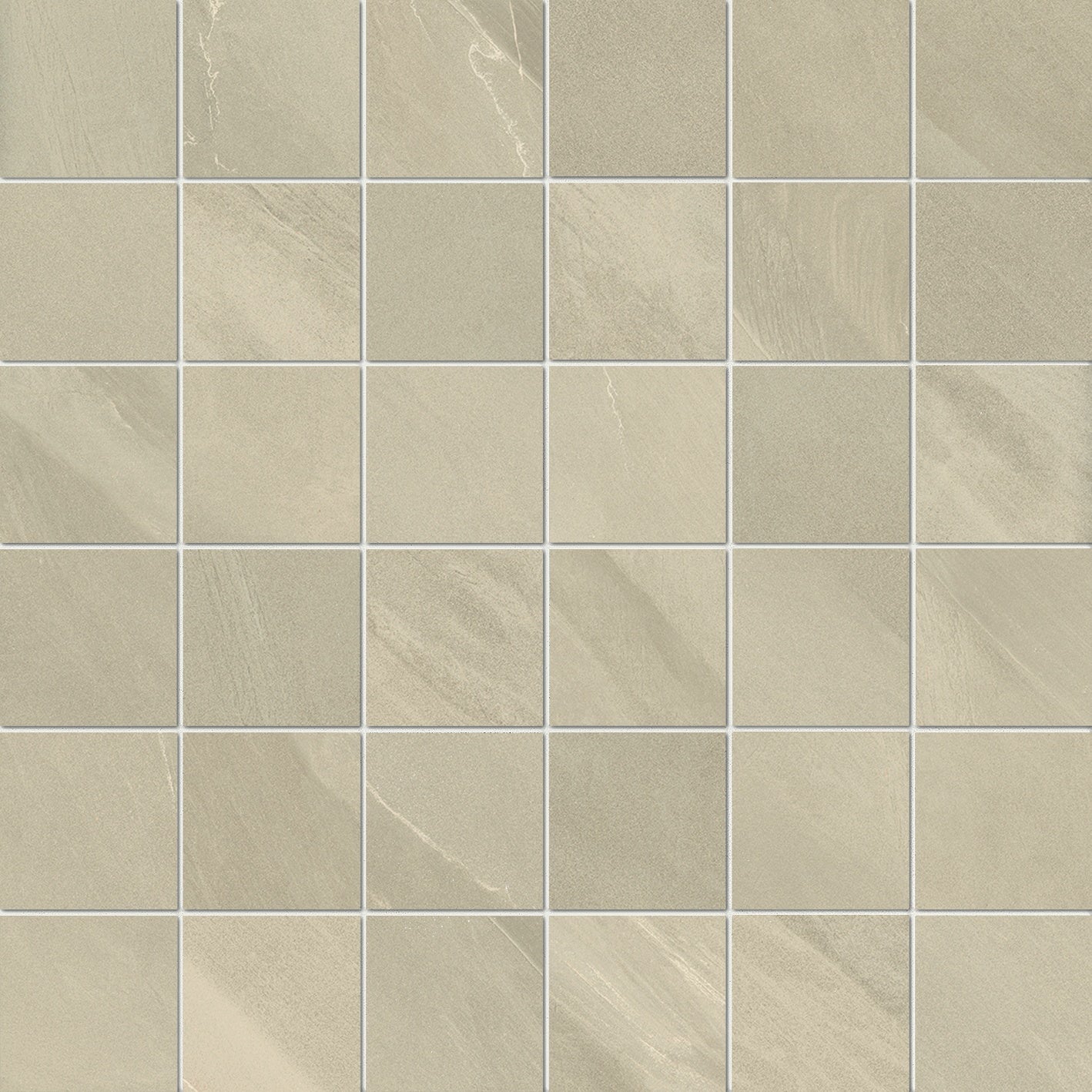 Matte beige porcelain mosaic with volcanic slate texture, evoking Iceland’s raw elegance in a refined straight-stack pattern.