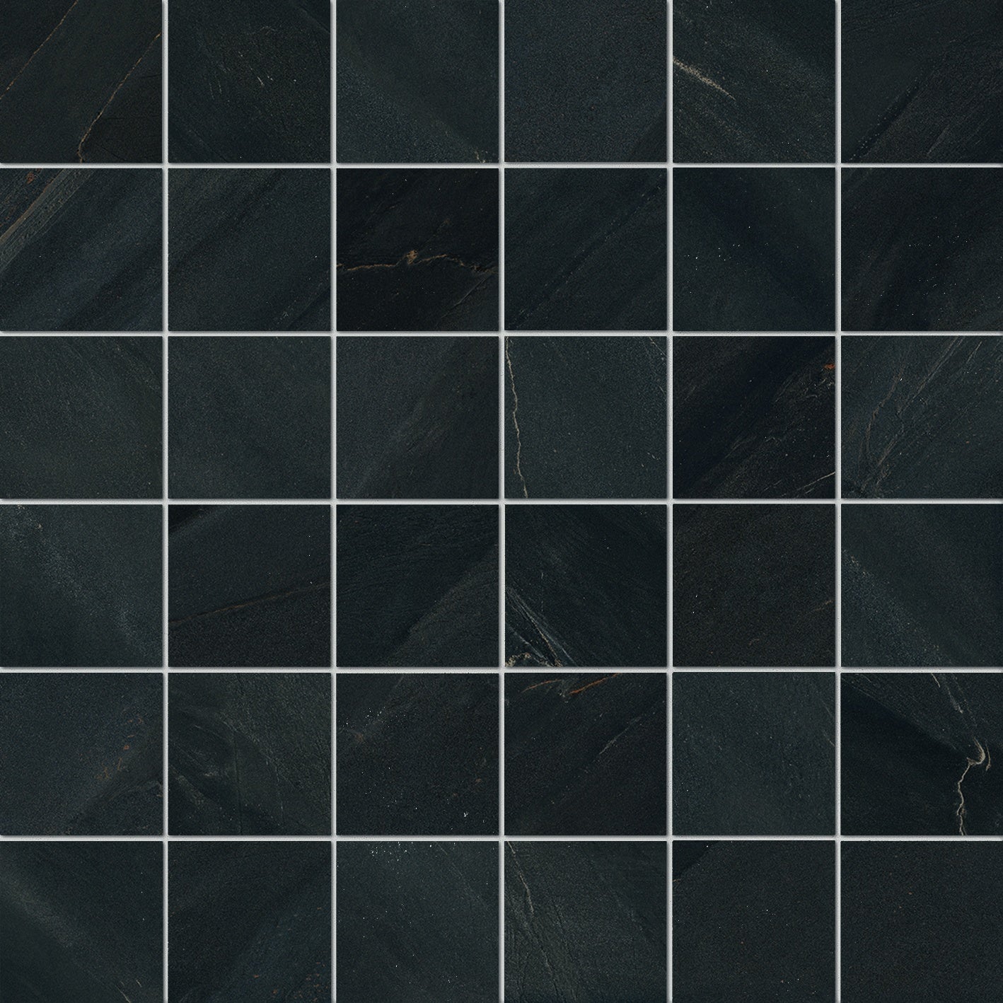 Black volcanic slate-look porcelain mosaic with a matte, textured finish and interlocking square tiles in a straight-stack pattern.