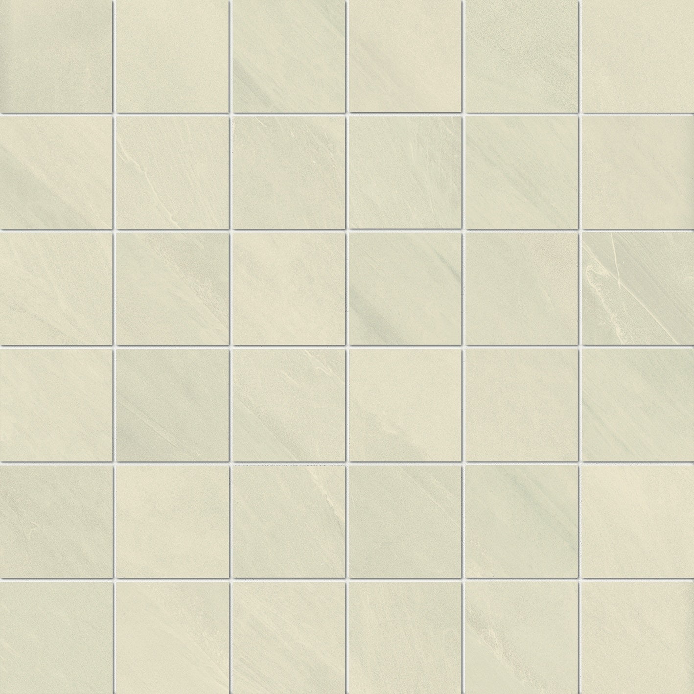 White porcelain mosaic with volcanic slate texture, matte finish, interlocking squares in a clean straight-stack pattern.