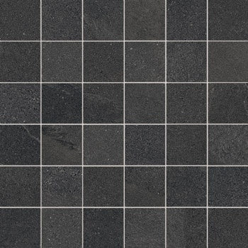 Black porcelain mosaic with a slate-cut texture, evoking weathered stone with soft ripples and furrows for a serene, organic luxury.
