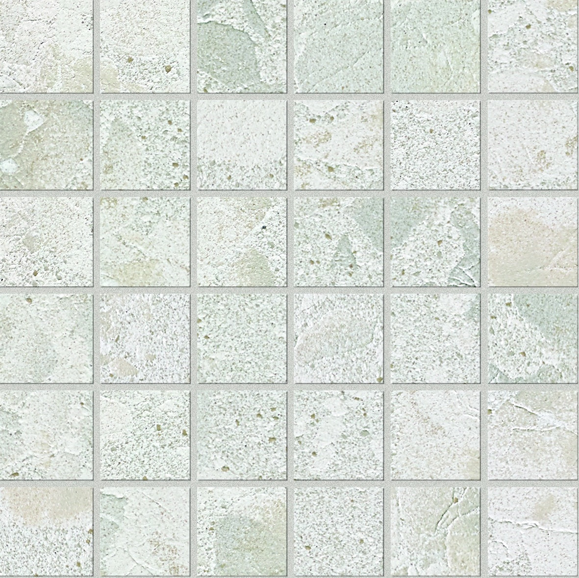 White terrazzo mosaic with raw material chips in a random, textured matte finish for refined industrial elegance.