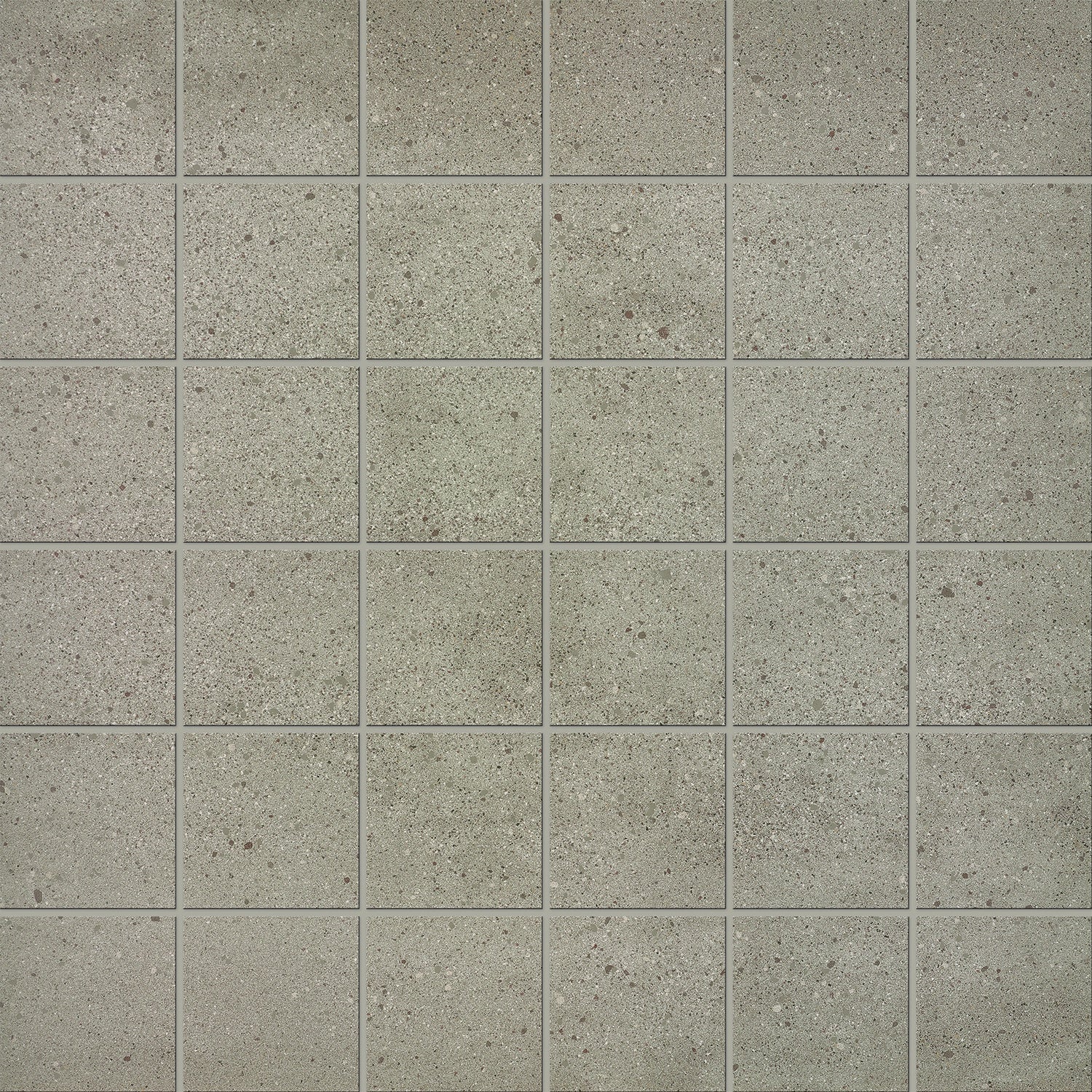 Industrial-chic greige porcelain mosaic with subtle multicolor grains and raw concrete elegance in a minimalist straight-stack pattern.