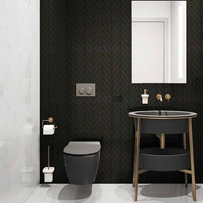 STATUS CERAMIC: Black Chevron Field Tile (glossy | 2"x6"x3/8" | beveled)