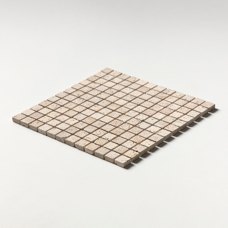 IVORY TRAVERTINE: 1X1 Straight Stack Mosaic (tumbled | 12"x12"x3/8" | round)