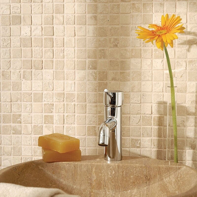 IVORY TRAVERTINE: 1X1 Straight Stack Mosaic (tumbled | 12"x12"x3/8" | round)