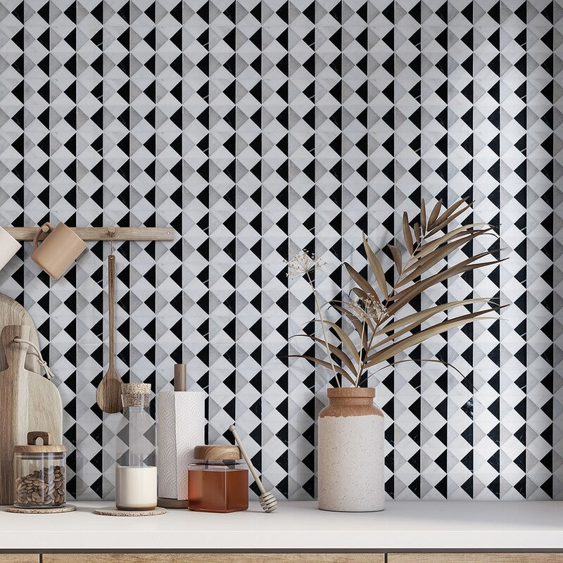 STUDIO : China Black Snow White Devon Triangular Mosaic (multi finish | 12"x12"x1/2" | straight cut)