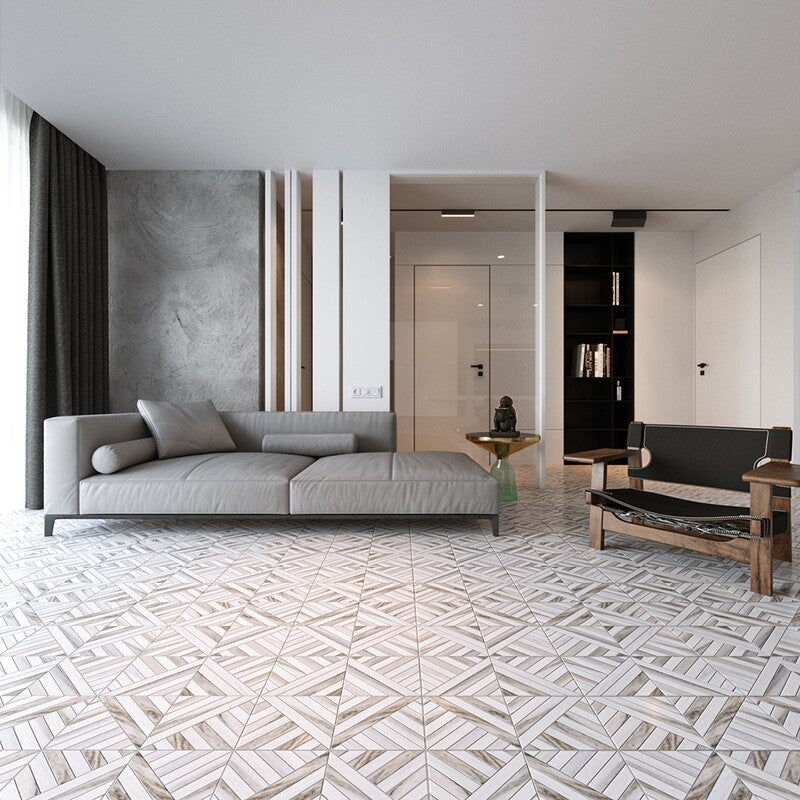 STUDIO : Snow White Ponte Lattice Mosaic (honed | 14"x14"x5/16" | straight cut)