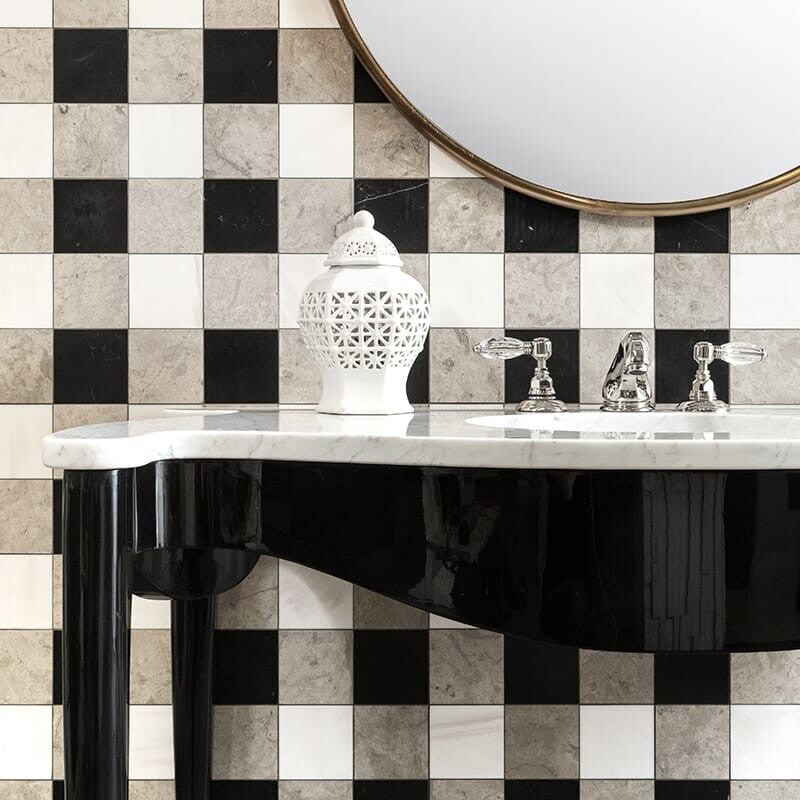 CHESTER PLAID : Snow White China Black 4X4 Straight Stack Mosaic (honed | 16"x16"x3/8" | straight cut)
