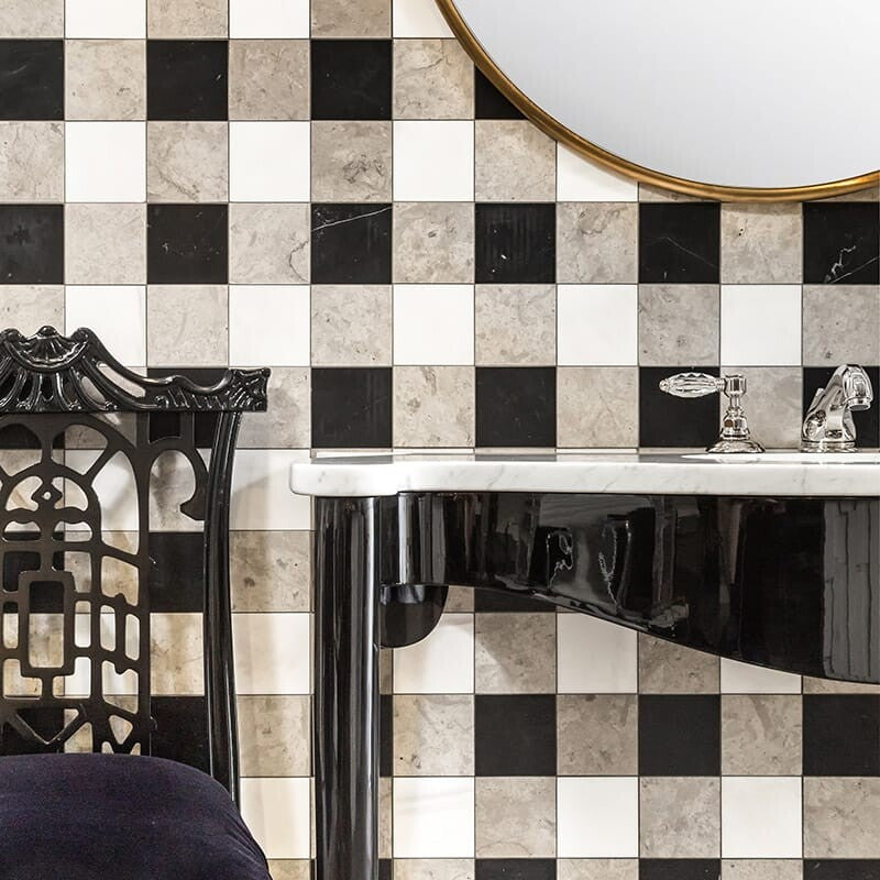CHESTER PLAID : Snow White China Black 4X4 Straight Stack Mosaic (honed | 16"x16"x3/8" | straight cut)