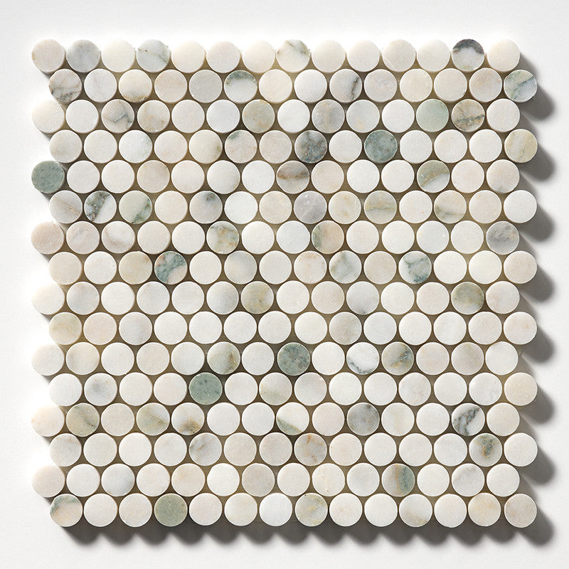 CALACATTA GREEN: Penny Round Marble Mosaic (honed | 11"x11"x1/4" | straight cut)