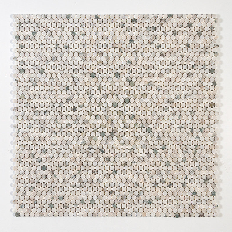 CALACATTA GREEN: Penny Round Marble Mosaic (honed | 11"x11"x1/4" | straight cut)