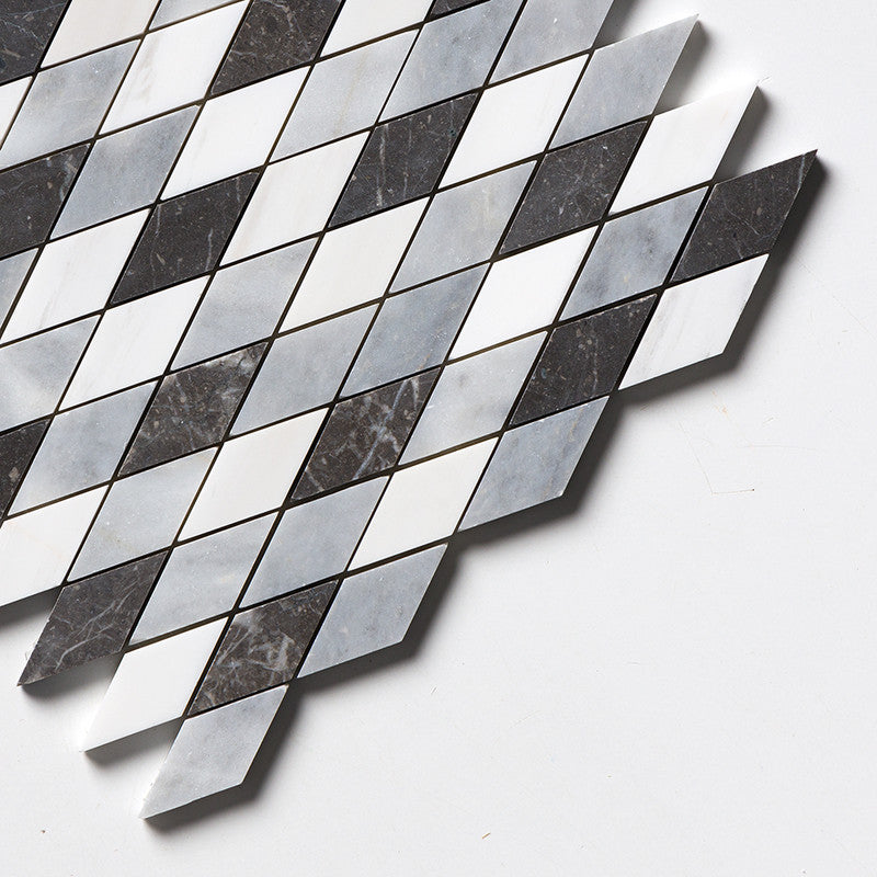 TESSA: Iris Bianco Dolomiti China Black Hazem Diamonds Mosaic (honed | 12"x12"x3/8" | straight cut)