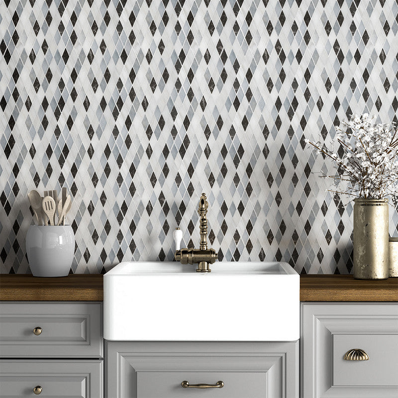 TESSA: Iris Bianco Dolomiti China Black Hazem Diamonds Mosaic (honed | 12"x12"x3/8" | straight cut)