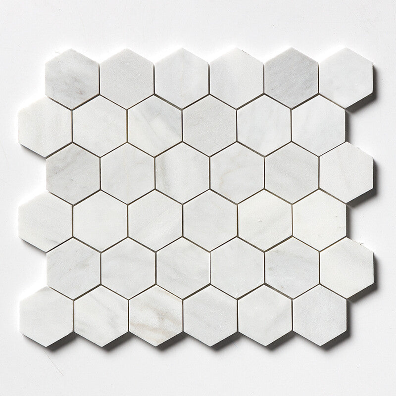 WHITE CARRARA : 2 Hexagon Mosaic (honed | 10"x12"x3/8" | straight cut)