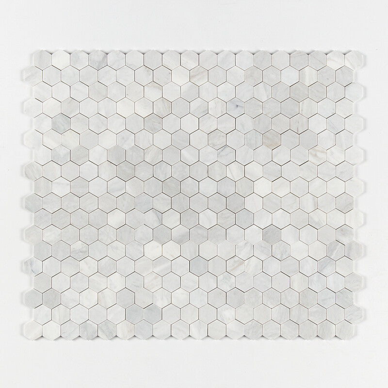 WHITE CARRARA : 2 Hexagon Mosaic (honed | 10"x12"x3/8" | straight cut)