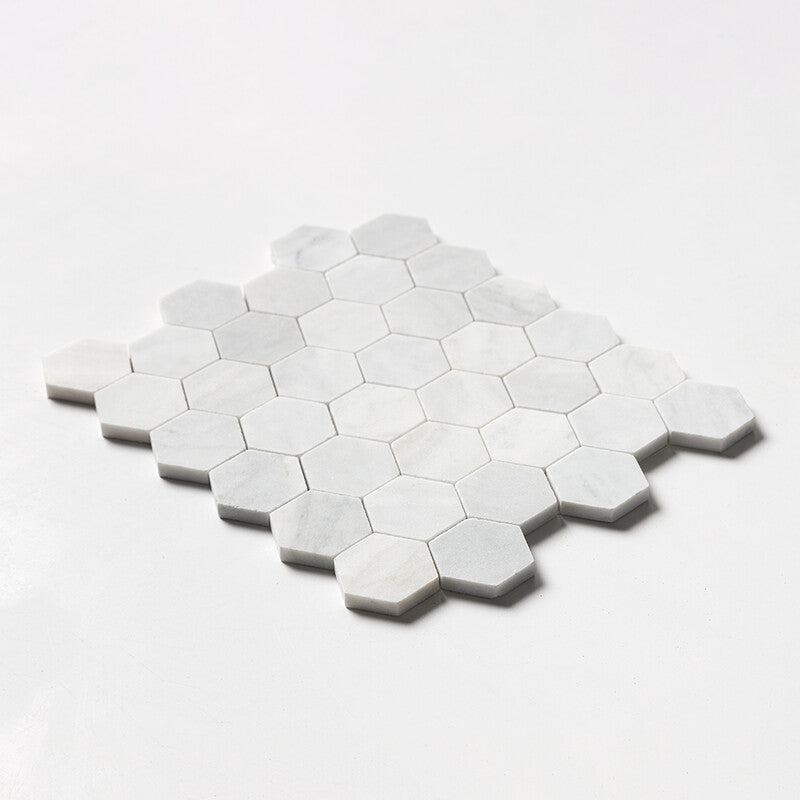 WHITE CARRARA : 2 Hexagon Mosaic (honed | 10"x12"x3/8" | straight cut)