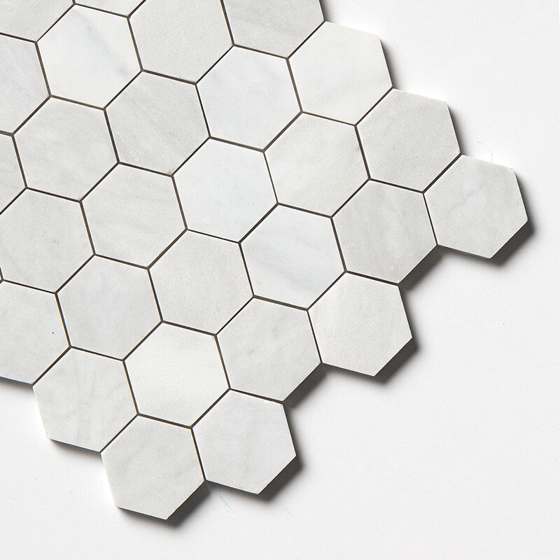 WHITE CARRARA : 2 Hexagon Mosaic (honed | 10"x12"x3/8" | straight cut)