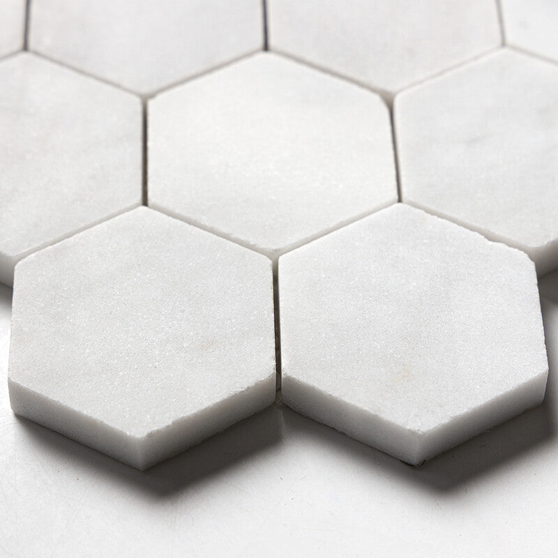 WHITE CARRARA : 2 Hexagon Mosaic (honed | 10"x12"x3/8" | straight cut)