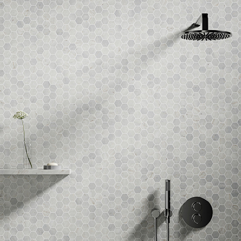 WHITE CARRARA : 2 Hexagon Mosaic (honed | 10"x12"x3/8" | straight cut)