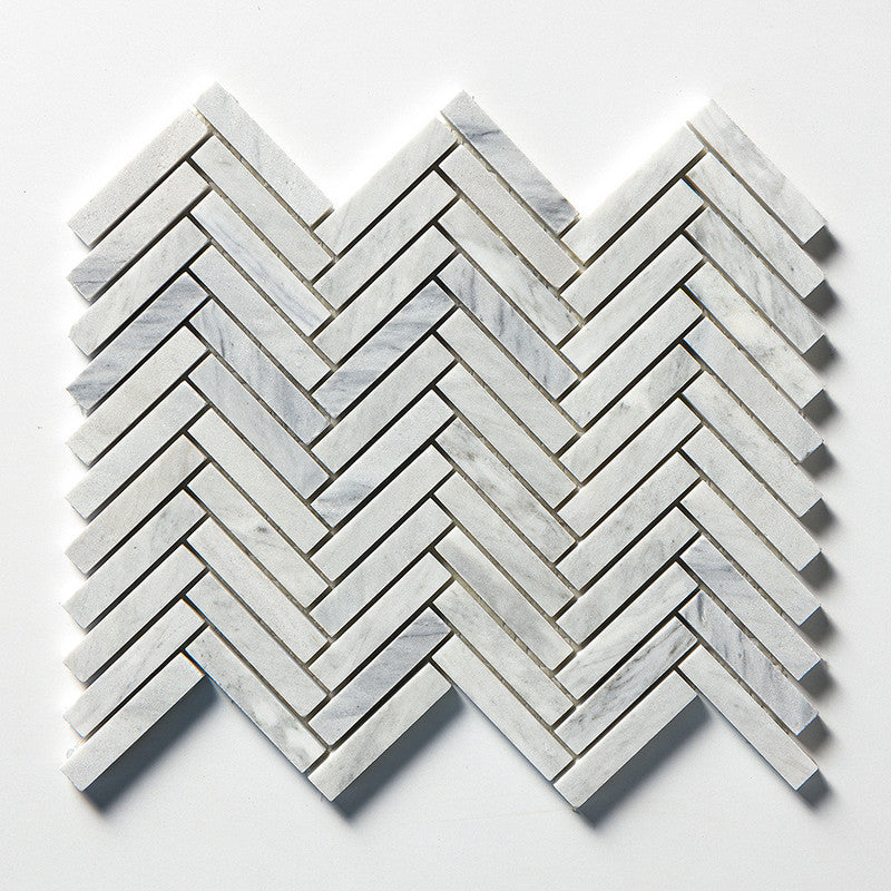 WHITE CARRARA : 5/8X3 Herringbone Mosaic (honed | 10"x12"x7/16" | straight cut)