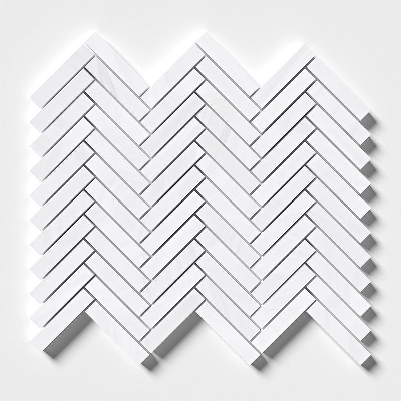 SNOW WHITE : 5/8X3 Herringbone Mosaic (honed | 10"x12"x7/16" | straight cut)