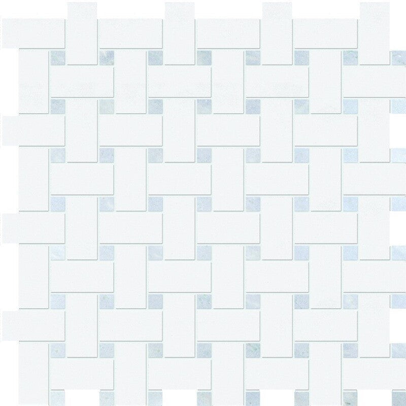 THASSOS WHITE : Blue Celeste Basketweave Mosaic (polished | 12"x12"x3/8" | straight cut)
