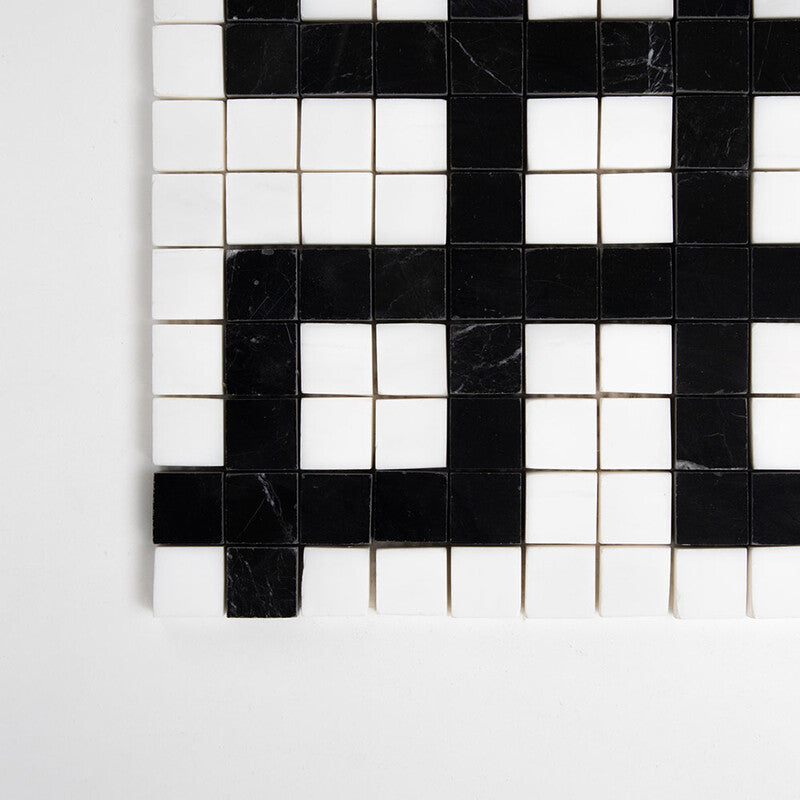 BLACK AND WHITE : Snow White Five Squares Straight Stack Mosaic (multi finish | 12"x12"x3/8" | straight cut)