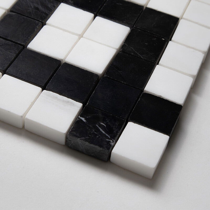 BLACK AND WHITE : Snow White Five Squares Straight Stack Mosaic (multi finish | 12"x12"x3/8" | straight cut)
