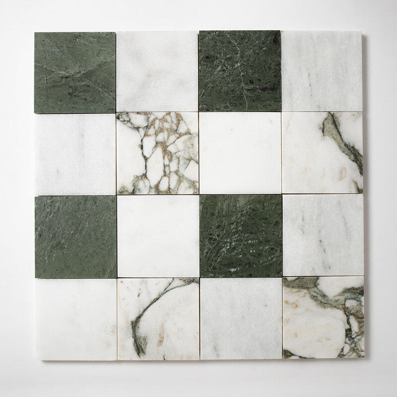 CHESTER PLAID : Calacatta Green, Verde Tia, Glacier 4X4 Straight Stack Mosaic (multi finish | 16"x16"x3/8" | straight cut)
