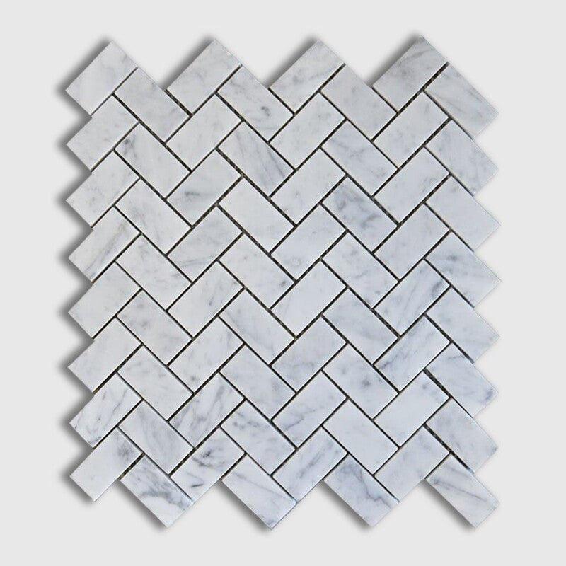 WHITE CARRARA : 1X2 Herringbone Mosaic (honed | 11"x11"x3/8" | straight cut)