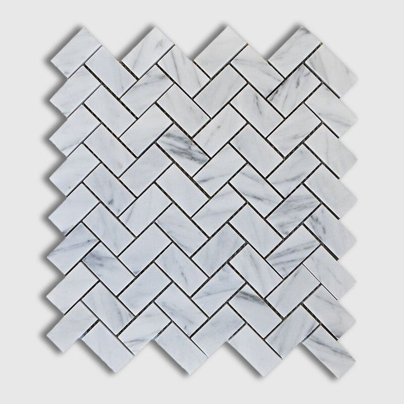 WHITE CARRARA : 1X2 Herringbone Mosaic (polished | 11"x11"x3/8" | straight cut)
