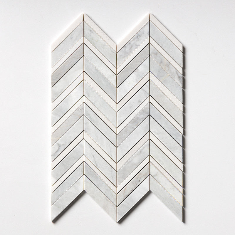 DIMENTIONS  : Aspen White Fusion Chevron Mosaic (multi finish | 11"x16"x7/8" | straight cut)