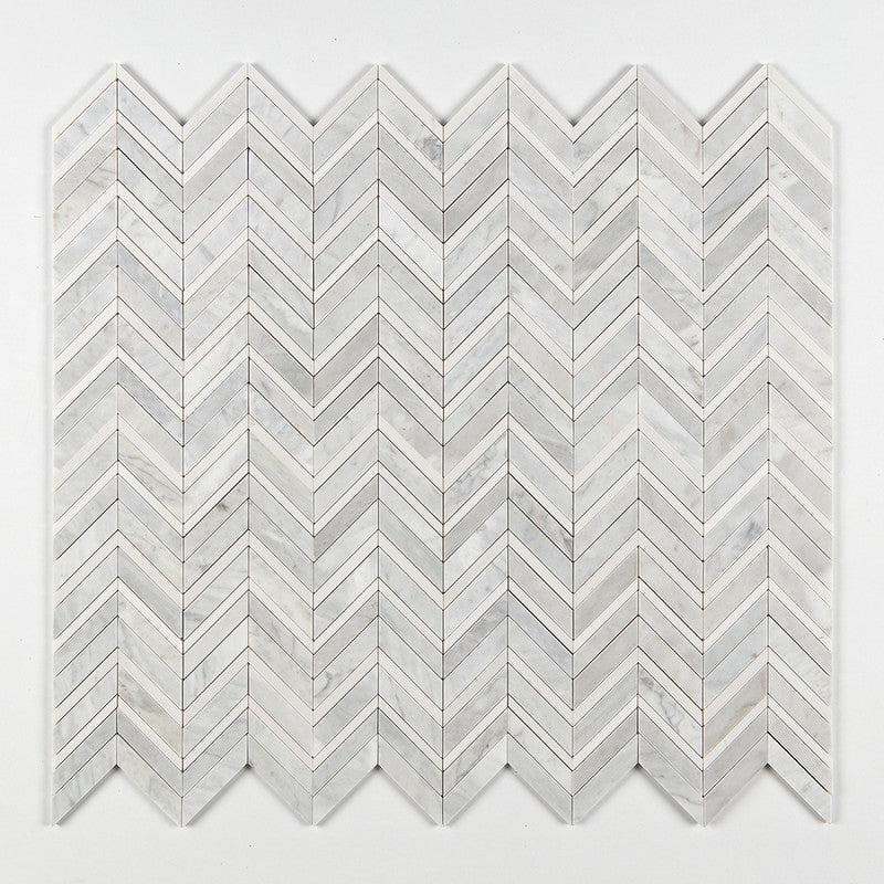 DIMENTIONS  : Aspen White Fusion Chevron Mosaic (multi finish | 11"x16"x7/8" | straight cut)