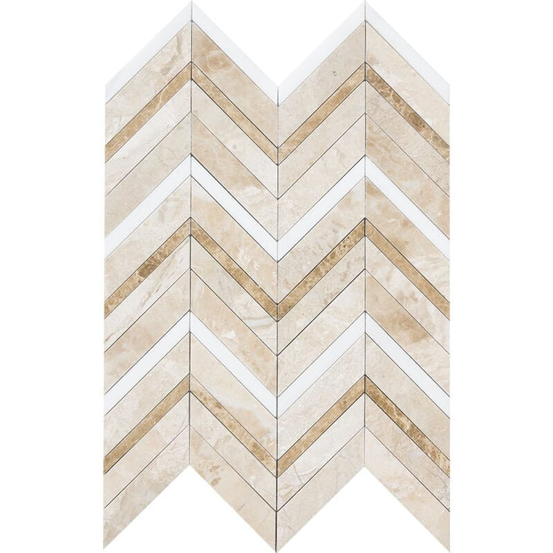 DIMENTIONS  : Diana Royal Snow White Paradise Fusion Chevron Mosaic (multi finish | 11"x16"x7/8" | straight cut)