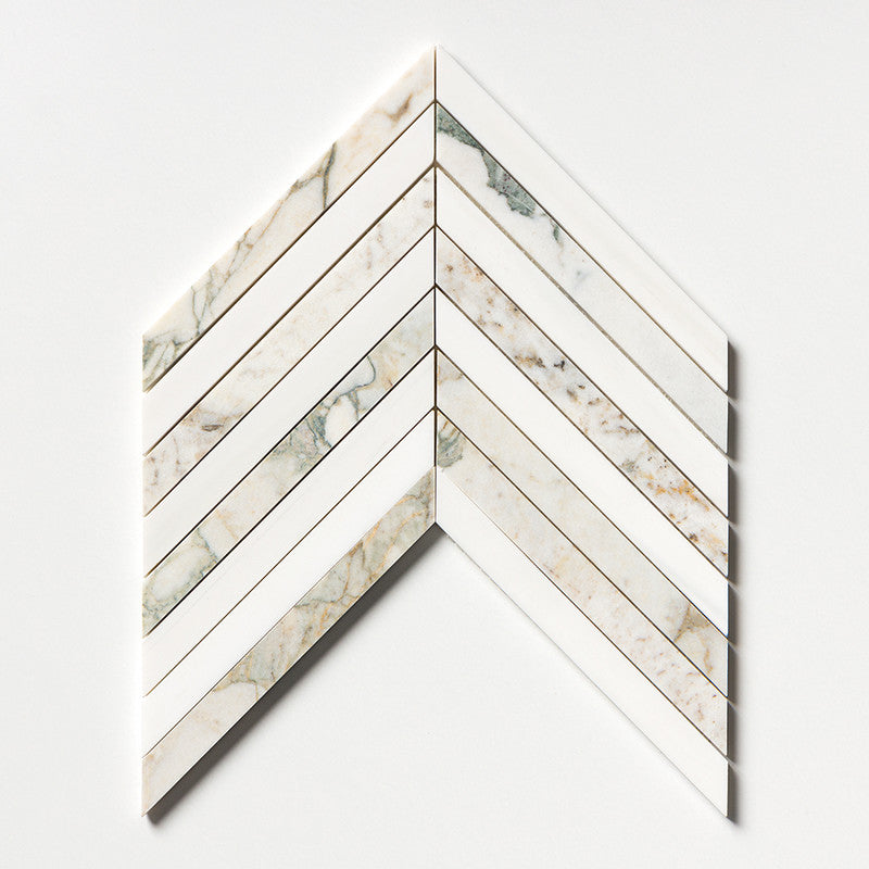 CALACATTA GREEN: Thin Chevron Mosaic (honed | 10"x13"x3/8" | straight cut)