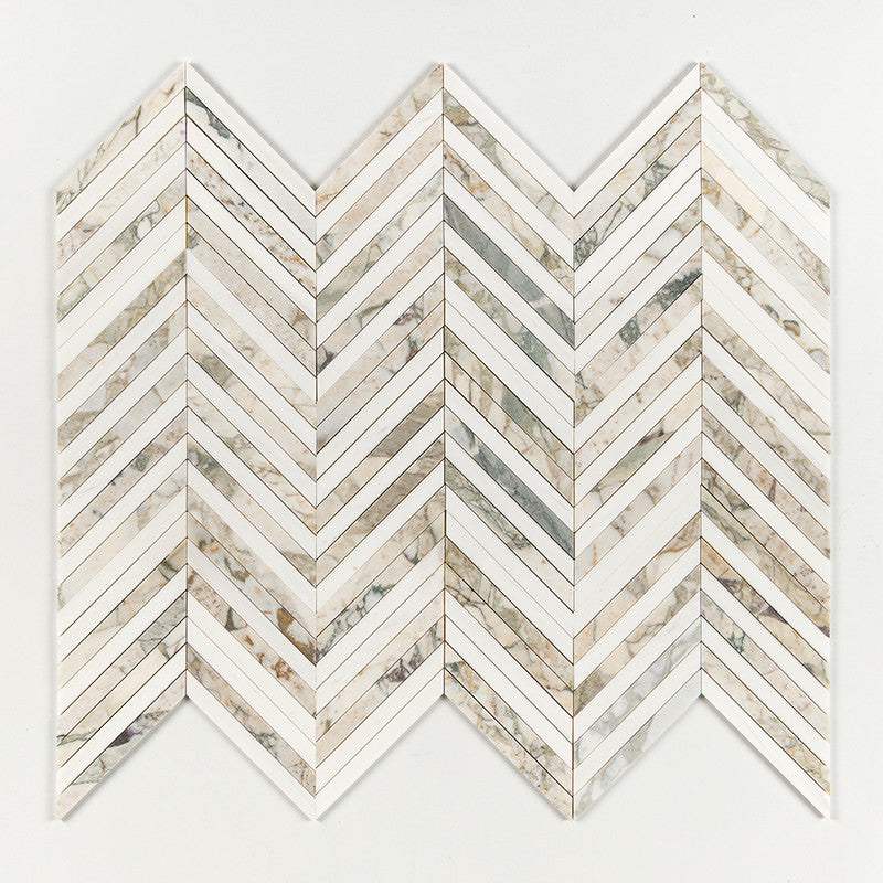 CALACATTA GREEN: Thin Chevron Mosaic (honed | 10"x13"x3/8" | straight cut)