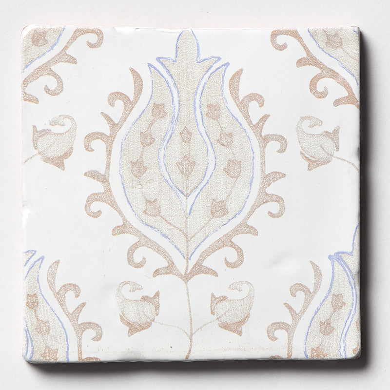ANTIQUED MALLORCA: Vintage Linen Tulips Glazed Terracotta Field Deco Tile (6"x6"x3/8" | glossy)
