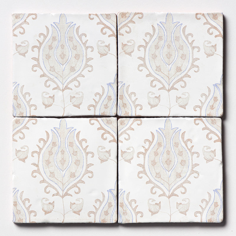 ANTIQUED MALLORCA: Vintage Linen Tulips Glazed Terracotta Field Deco Tile (6"x6"x3/8" | glossy)
