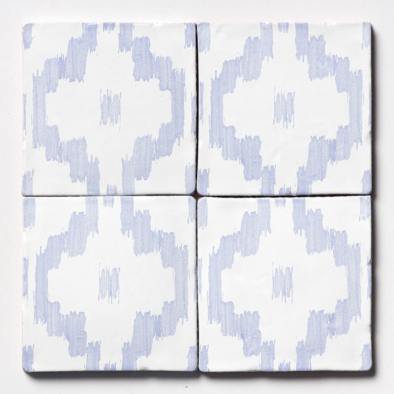 ANTIQUED MALLORCA: Indigo Wash Ikat Glazed Terracotta Field Deco Tile (6"x6"x3/8" | glossy)