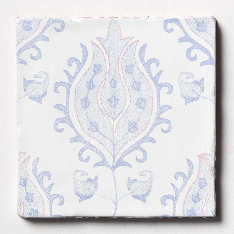 ANTIQUED MALLORCA: Indigo Wash Tulips Glazed Terracotta Field Deco Tile (6"x6"x3/8" | glossy)