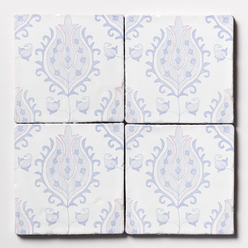ANTIQUED MALLORCA: Indigo Wash Tulips Glazed Terracotta Field Deco Tile (6"x6"x3/8" | glossy)