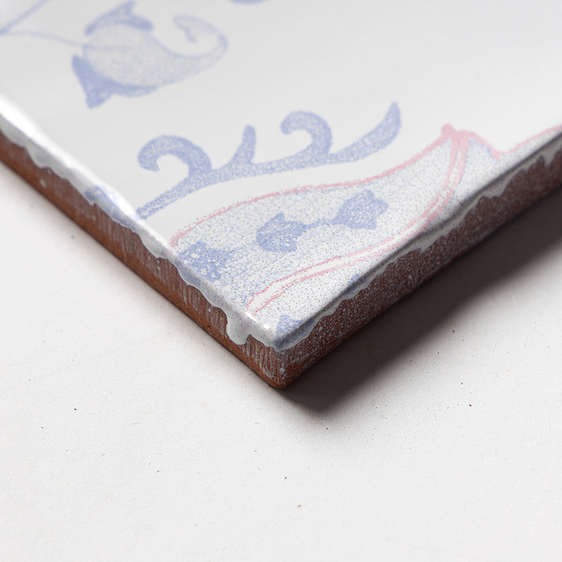 ANTIQUED MALLORCA: Indigo Wash Tulips Glazed Terracotta Field Deco Tile (6"x6"x3/8" | glossy)