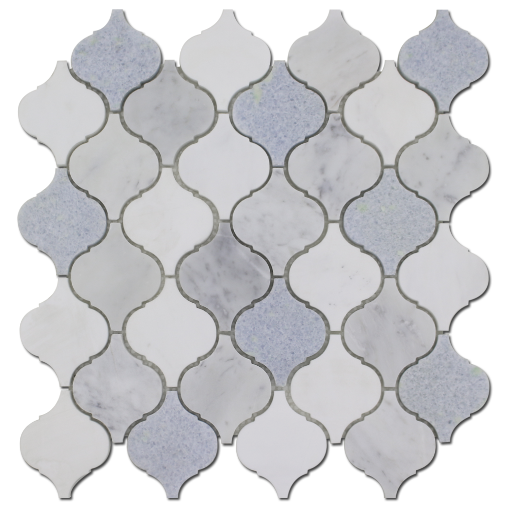 BIANCO VENATO: Carrara, Blue Celeste Marble & Dolomite Arabesque Mosaic (12"x12"x3/8" | honed)