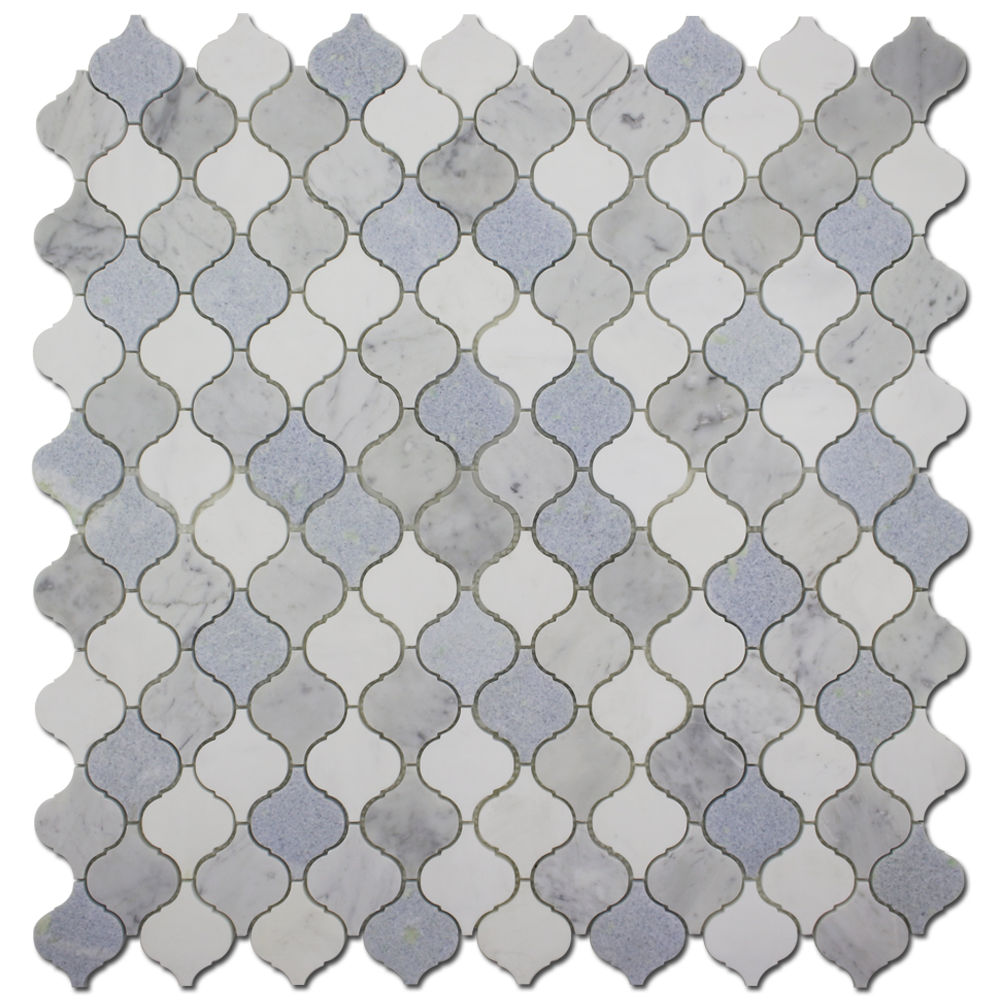 BIANCO VENATO: Carrara, Blue Celeste Marble & Dolomite Arabesque Mosaic (12"x12"x3/8" | honed)